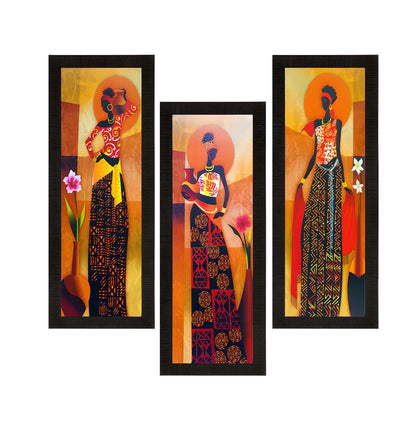 eCraftIndia Set Of 3 Tribal Village Ladies Satin Matt Texture UV Art Painting