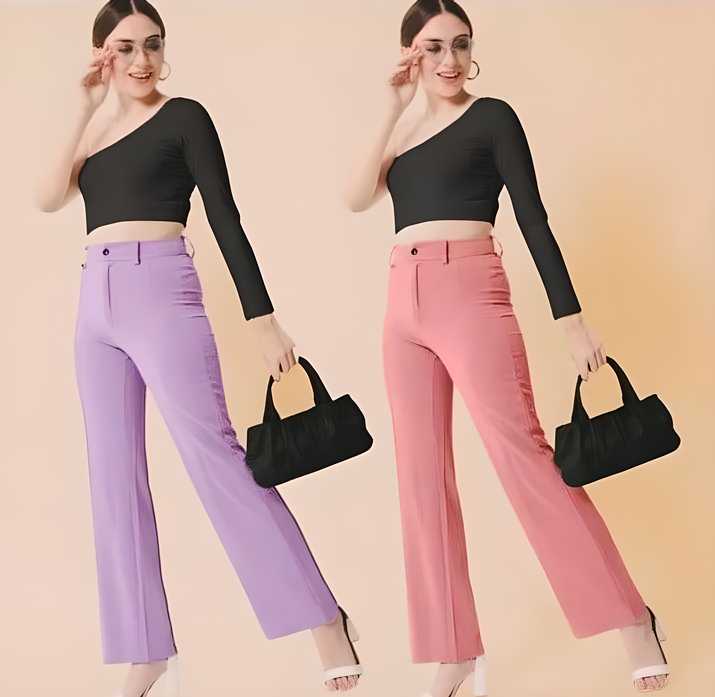 Elegant Lavender & Peach Lycra Solid Trousers Combo For Women